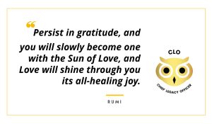 Persist in gratitude, and you will slowly become one with the Sun of Love, and Love will shine through you its all-healing joy. Rumi