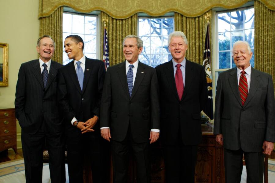 5 former living US Presidents Bush, Bush, Obaha, Clinton, Carter
